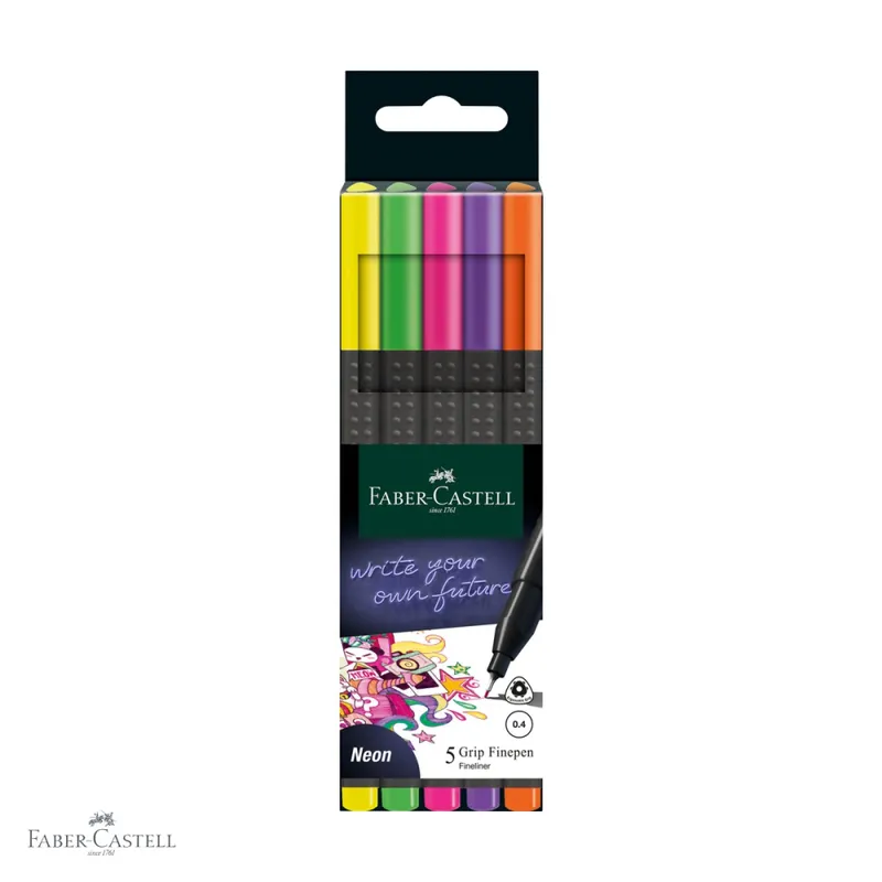 Set 5 linere neon Faber-Castell Grip 0.4mm, varf fin, forma ergonomica triunghiulara Reducere