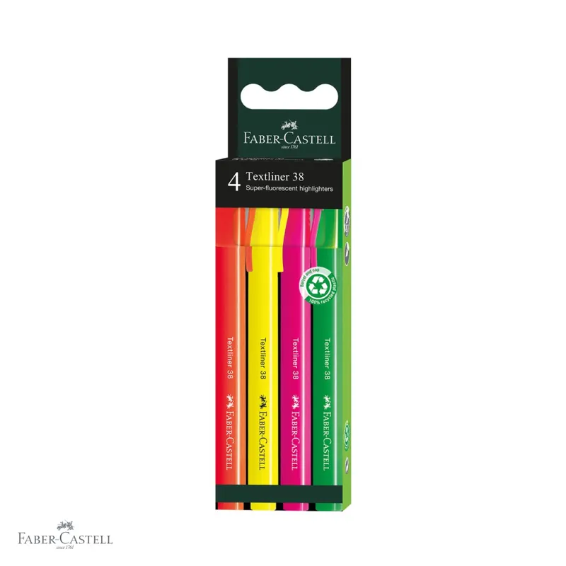 Cel mai vândut Set 4 textmarkere superfluorescente Faber-Castell 38, varf tesit, 2 grosimi de scriere, pentru birou si studiu