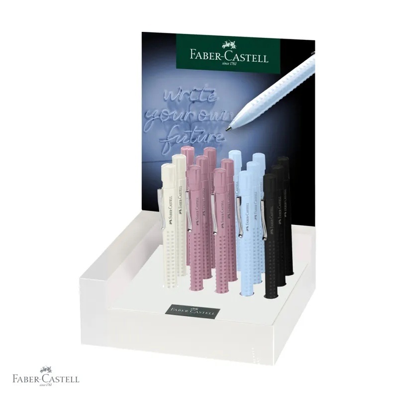Display 15 pixuri cu mecanism Faber-Castell Grip 2010 Harmony, forma ergonomica triunghiulara, culori asortate Preț promoțional