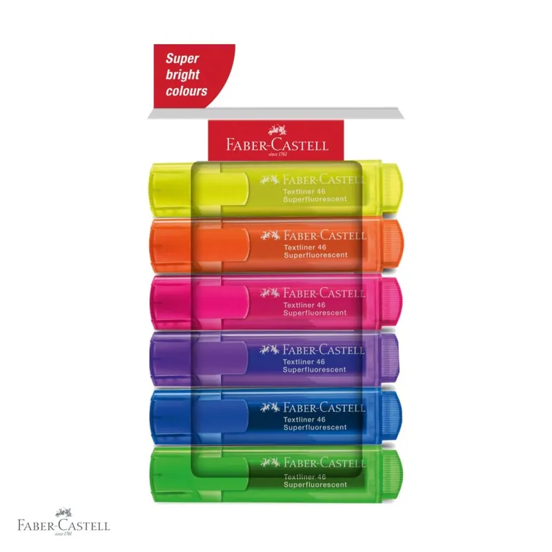 Disponibil imediat Set 6 textmarkere superfluorescente Faber-Castell, varf tesit, cerneala pe baza de apa, pentru evidentiat text