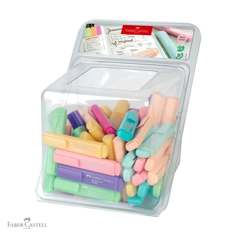 Display 100 textmarkere pastel Faber-Castell, varf tesit, 3 grosimi de scriere, cerneala pe baza de apa Preț redus