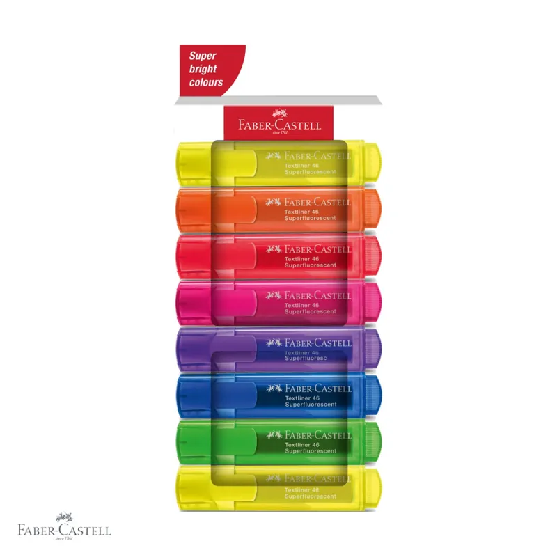 Super ofertă Set 8 textmarkere superfluorescente Faber-Castell, varf tesit, cerneala pe baza de apa, pentru evidentiat text