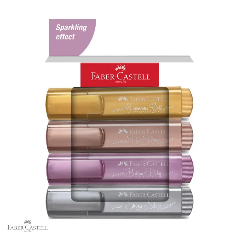 Popular Set 4 textmarkere metalizate Faber-Castell, varf tesit, cerneala pe baza de apa, pentru birou si scoala