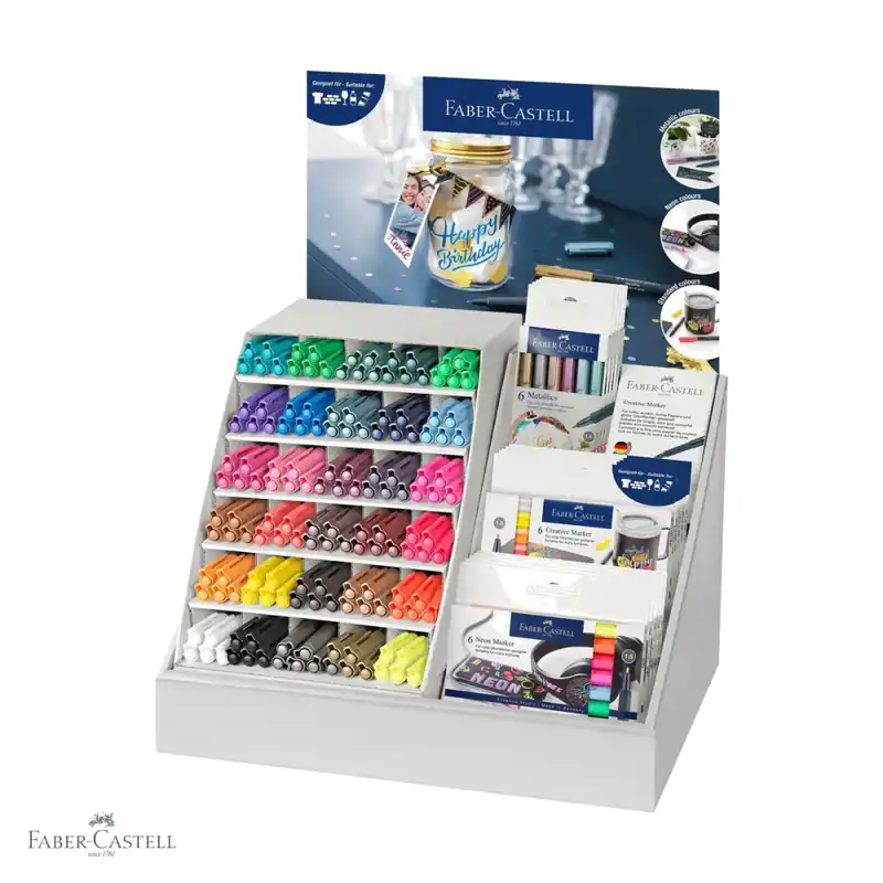 Cel mai vândut Display markere creative Faber-Castell 2024, varf 1.5 mm, 165 bucati, 30 culori + neon/metalice/vara, multisuprafata