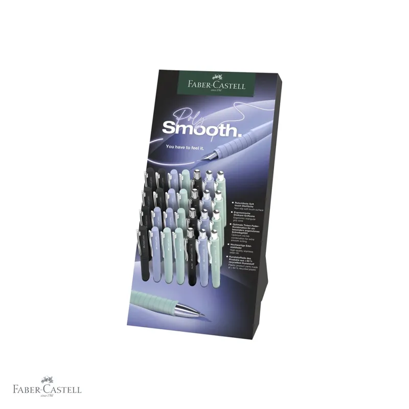 Display 28 instrumente de scris Faber-Castell Poly - 16 stilouri si 12 pixuri, design ergonomic, pentru birou si scoala Preferatul clienților