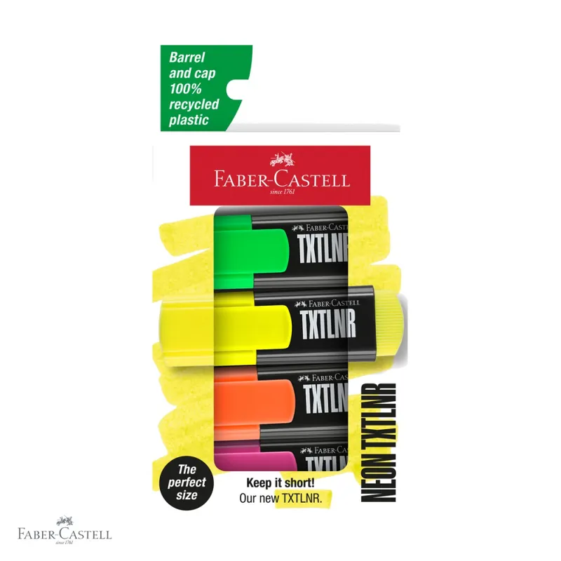 Comandă acum Set 4 textmarkere mini superfluorescente Faber-Castell, varf tesit, pentru evidentiere text