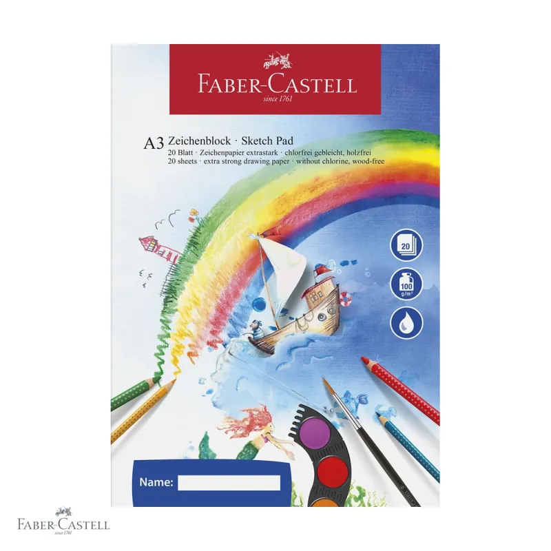 Bloc desen A3 Faber-Castell, 20 file, hartie 100g/mp pentru acuarela, coli preperforate Ofertă