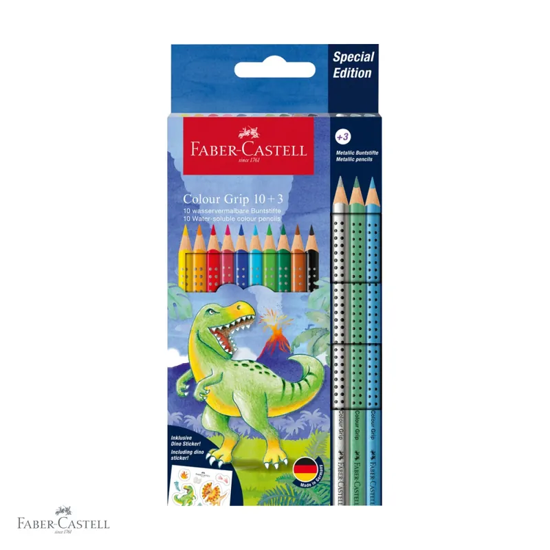 Cel mai bun preț Set promo creioane colorate Faber-Castell Color Grip 2001 Dinozauri, 10+3 culori, forma ergonomica triunghiulara, pentru copii