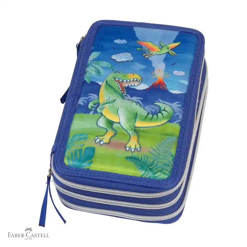 Penar echipat Faber-Castell, design dinozaur, 44 piese si 3 compartimente cu fermoar, pentru scoala Ieftin