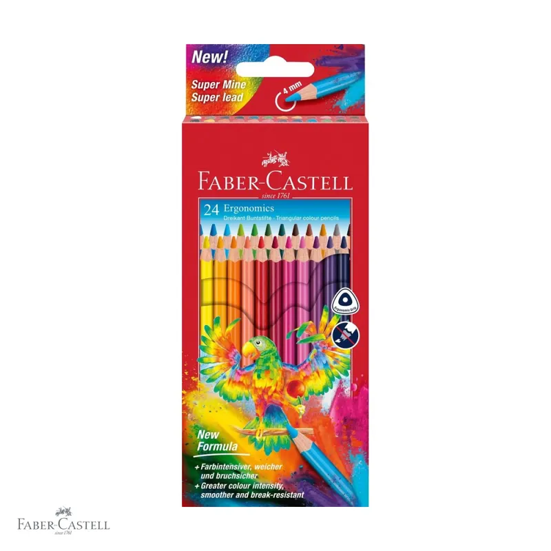 Chilipir Set 24 creioane colorate triunghiulare Faber-Castell Ergonomics, mina 4 mm, pentru copii si scolari