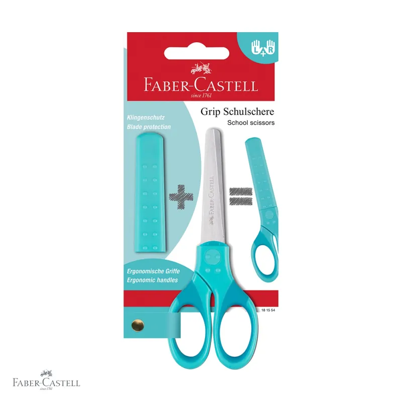 Ultima șansă Foarfeca scolara Faber-Castell Grip, protectie lama, varf rotunjit, turcoaz, pentru copii dreptaci si stangaci
