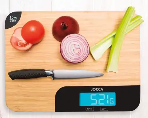 Tocator din bambus Jocca cu cantar integrat afisaj LED 35x26x25 cm capacitate 15 kg Livrare gratuită
