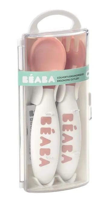 Noutate Set tacamuri pentru bebelusi Beaba Second Stage lingura si furculita ergonomice roz cu husa de transport