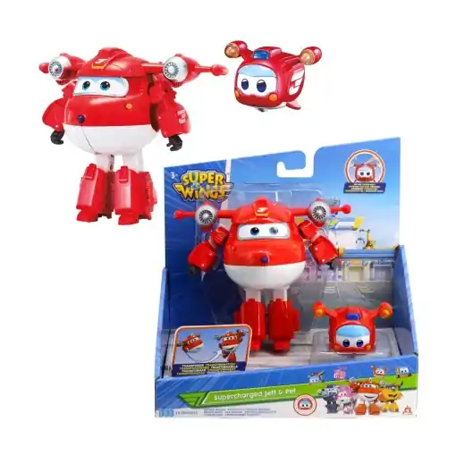Figurina Transformabila Super Wings Jett Supercharged si Super Pet 14 cm Rosu Ofertă de sezon