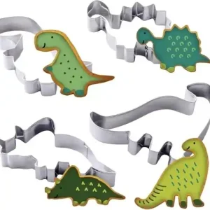 Expediere rapidă Set de forme de biscuiți Zenker cu dinozauri, oțel inoxidabil, 4 piese - perfecte pentru sesiuni creative de copt cu copiii, se poate spăla în mașina de spălat vase, design modern cu dinozauri, argintiu