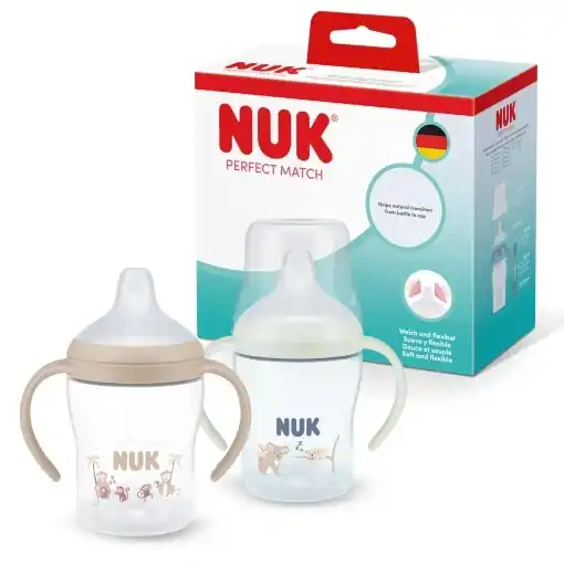 Lichidare de stoc Set 2 sticle de invatare NUK Perfect Match Night 150 ml antiscurgere manere antialunecare albastru