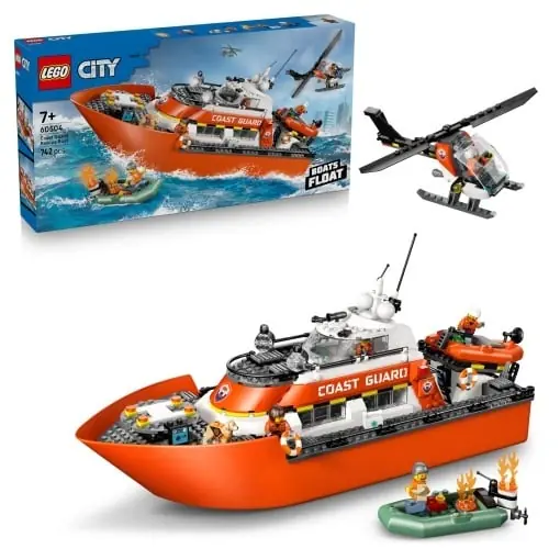 Lichidare de stoc Set LEGO City 60504 Barca de Salvare a Pazei de Coasta cu Elicopter si 5 Minifigurine