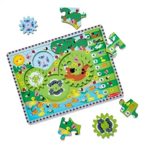 Reducere extra Puzzle din lemn pentru copii Melissa Doug, 24 piese, cu roti dintate, tematica animale