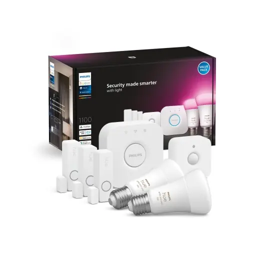 Kit securitate smart Philips Hue Secure Starter, cu 3 senzori contact, 1 senzor miscare, 2 becuri LED E27 White Color Ambiance, Hue Bridge inclus Premium