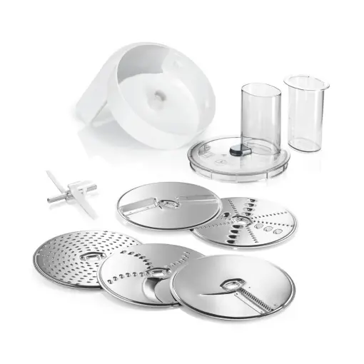 Reducere de preț Set accesorii pentru masina de bucatarie Bosch VeggieLove MUZ5VL1, 5 discuri din inox, compatibil cu seriile MUM 2 si MUM 5