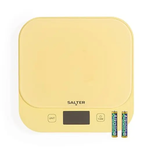 Cântar digital de bucătărie Salter British Bakes - capacitate mare de 10 kg, măsoară lichide, impermeabil, funcție de tară, platformă din sticlă, precizie de 1 g, galben Ofertă specială