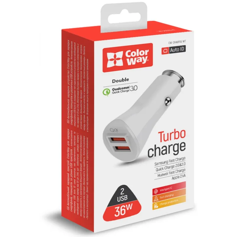 Chilipir COLORWAY Mașină încărcător 2xUSB 32.4A 36W alb